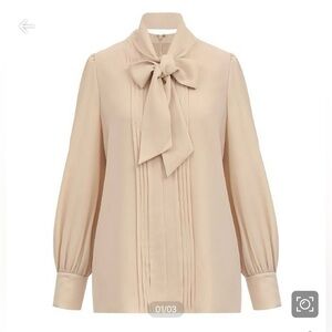 Express Cream Button-Down Blouse with Tie